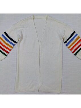 Open Front Cardigan Sweater Duster Womens S Rainbow Striped Sleeves Cream Knit